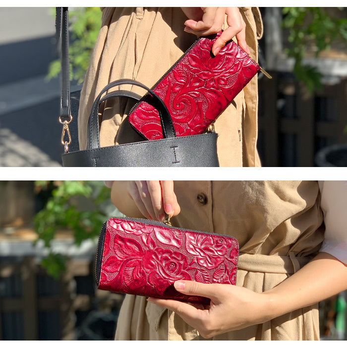 【ルイショップ】 本革 アンティーク バラ 型押し ラウンド型 長財布