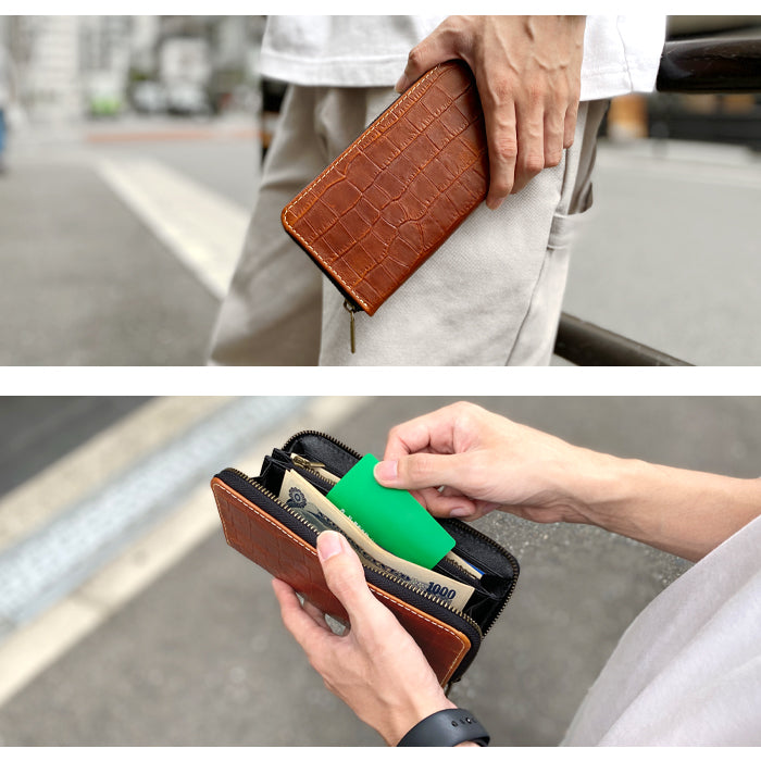 【ルイショップ】 本革 クロコダイル風 型押し ラウンド型 長財布