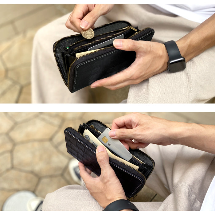 【ルイショップ】 本革 クロコダイル風 型押し ラウンド型 長財布