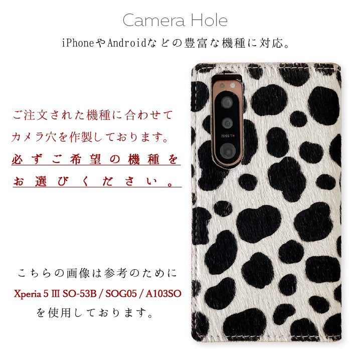 【ルイショップ】 iPhone・Galaxy・Xperia・AQUOS・Google Pixel|100機種以上 対応 本革 ハラコ風 ダルメシアン アニマル柄 手帳型 スマホケース