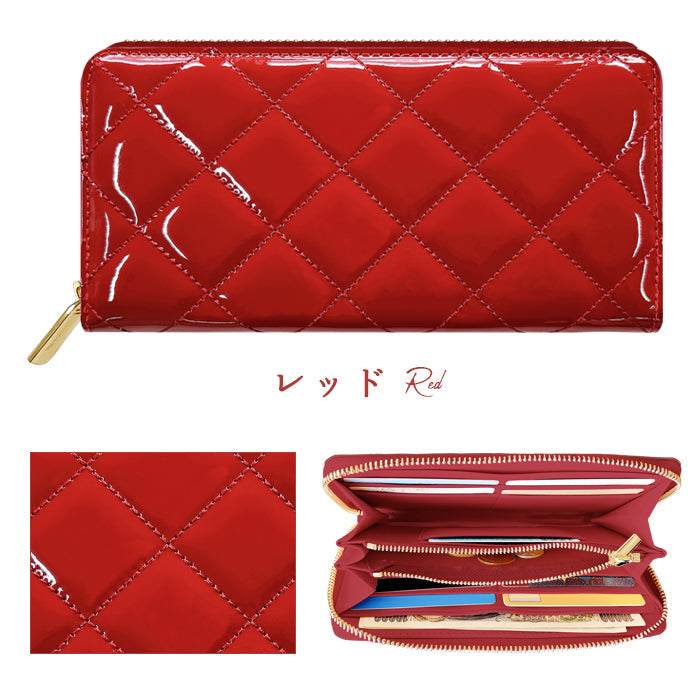 【ルイショップ】 本革 エナメル キルティング ラウンド型 長財布