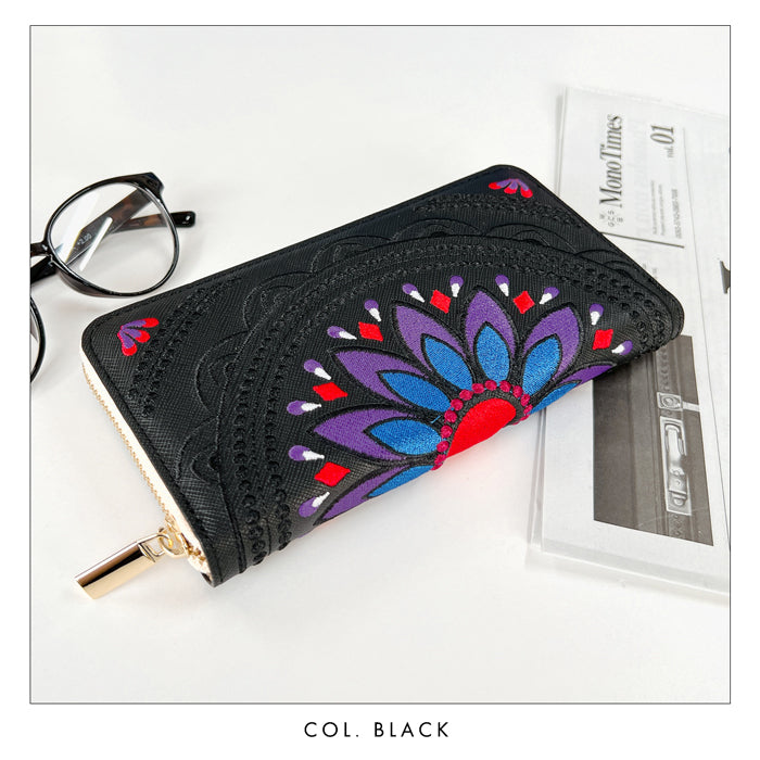 【ルイショップ】 本革 エスニック刺繍 ラウンド型 長財布