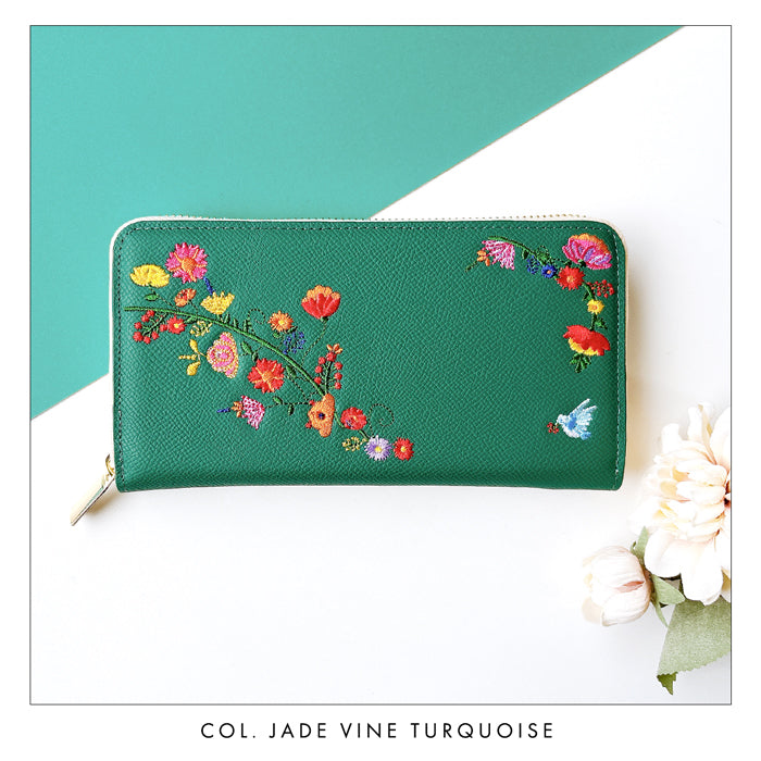 【ルイショップ】 本革 花刺繍 ラウンド型 長財布