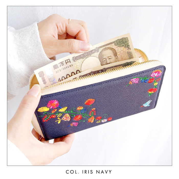 【ルイショップ】 本革 花刺繍 ラウンド型 長財布