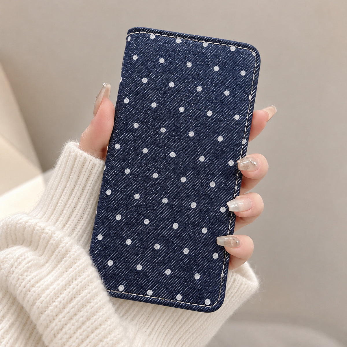 【ルイショップ】 iPhone・Galaxy・Xperia・AQUOS・Google Pixel|100機種以上 対応 児島デニム 小さいドット 手帳型 スマホケース
