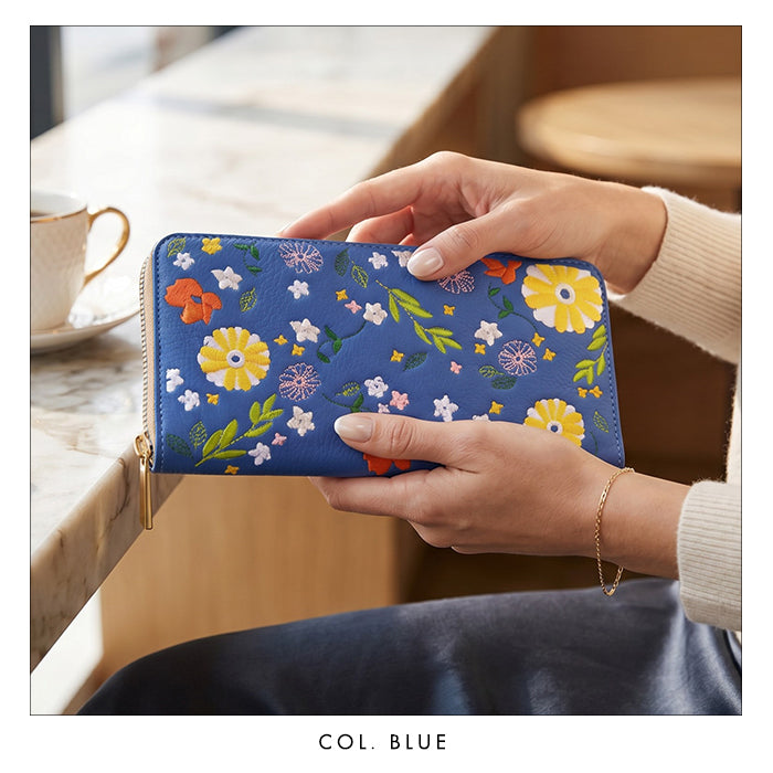 【ルイショップ】 本革 マーガレット刺繍 ラウンド型 長財布