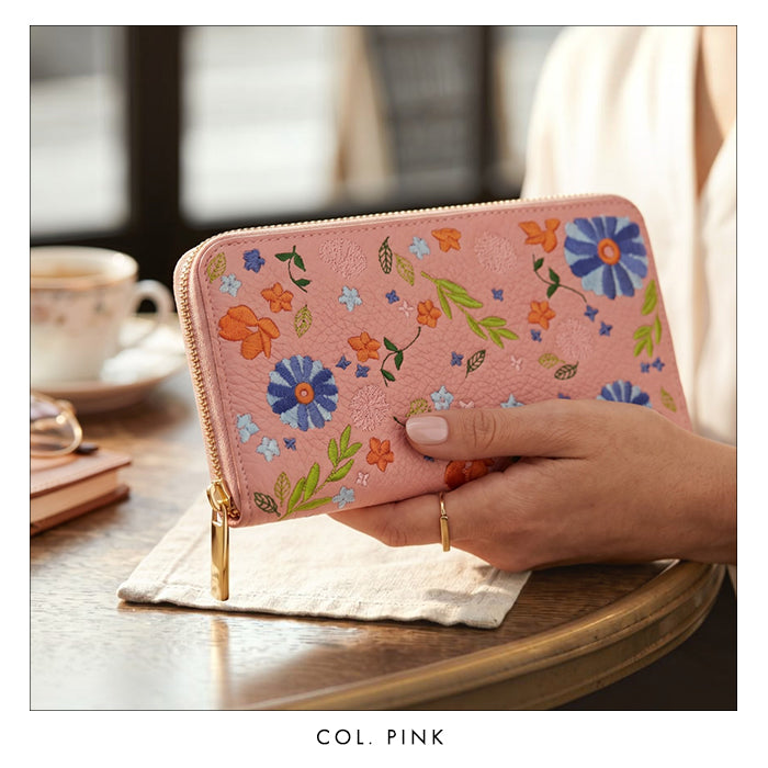 【ルイショップ】 本革 マーガレット刺繍 ラウンド型 長財布