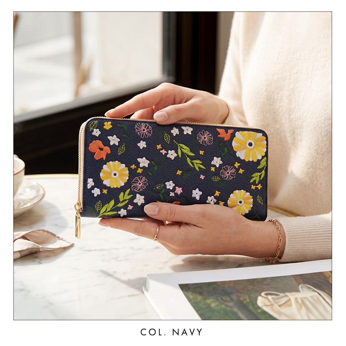 【ルイショップ】 本革 マーガレット刺繍 ラウンド型 長財布