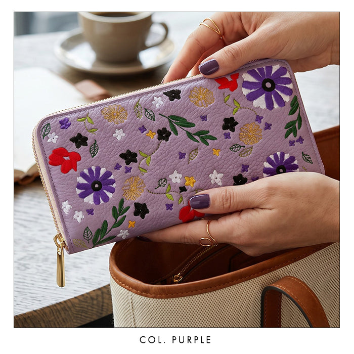 【ルイショップ】 本革 マーガレット刺繍 ラウンド型 長財布