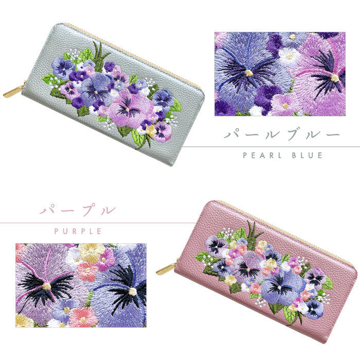 【ルイショップ】 本革 パンジー刺繍 ラウンド型 長財布