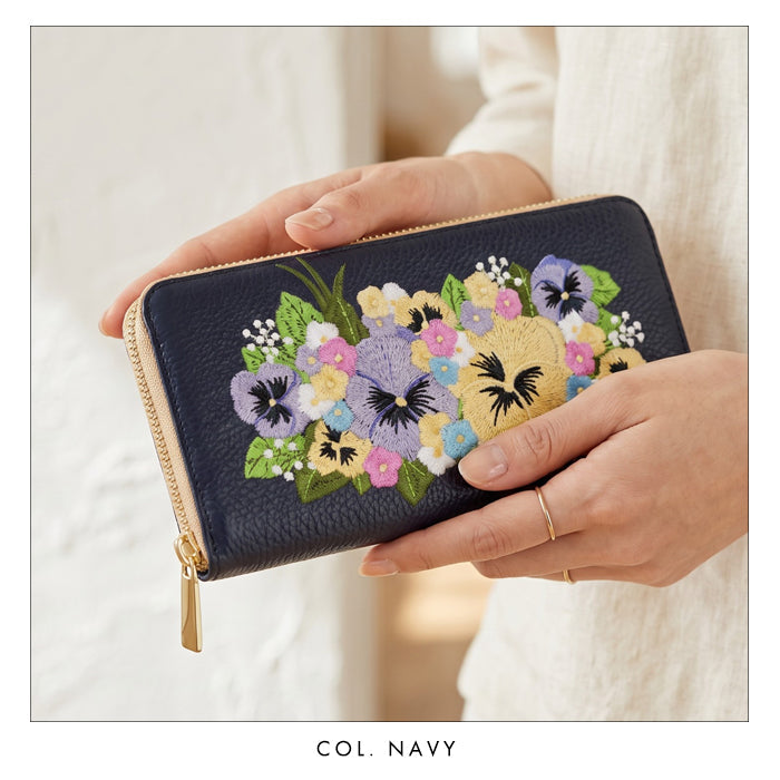 【ルイショップ】 本革 パンジー刺繍 ラウンド型 長財布