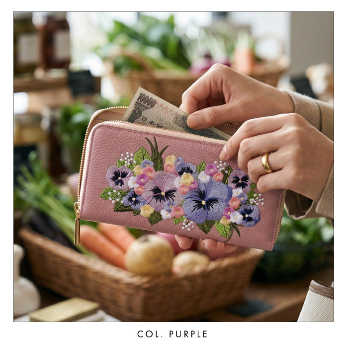 【ルイショップ】 本革 パンジー刺繍 ラウンド型 長財布