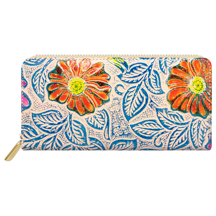 【ルイショップ】 本革 レトロな花 型押し ラウンド型 長財布
