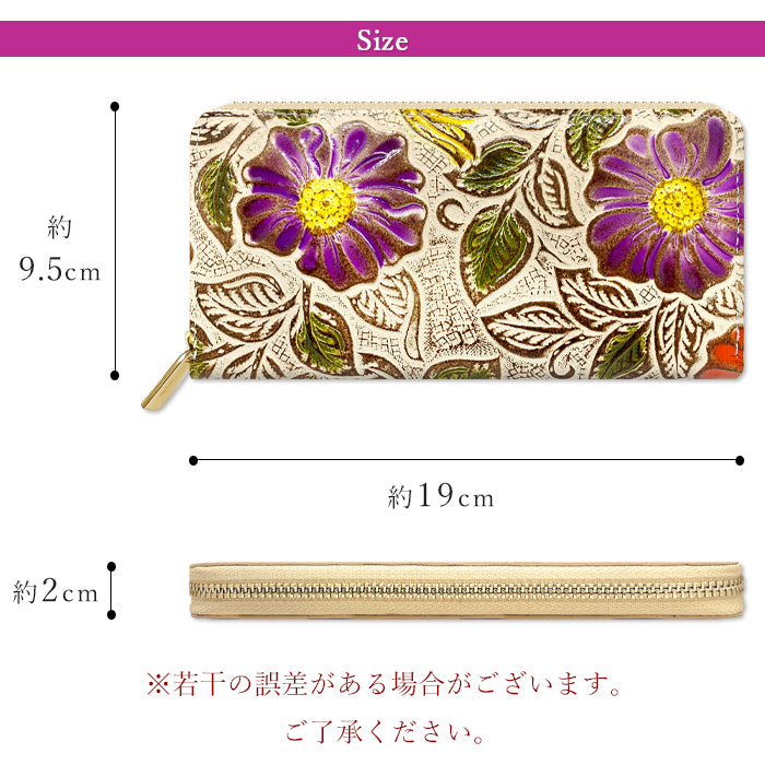 【ルイショップ】 本革 レトロな花 型押し ラウンド型 長財布