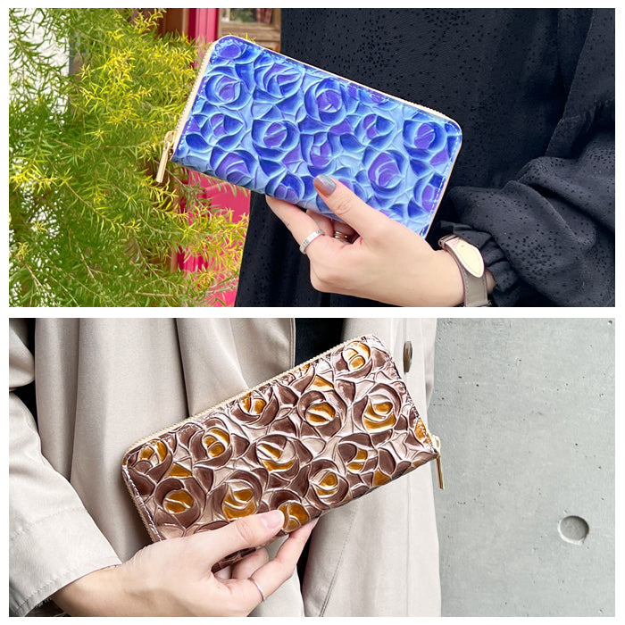 【ルイショップ】 本革 ステンドローズ エナメル ラウンド型 長財布