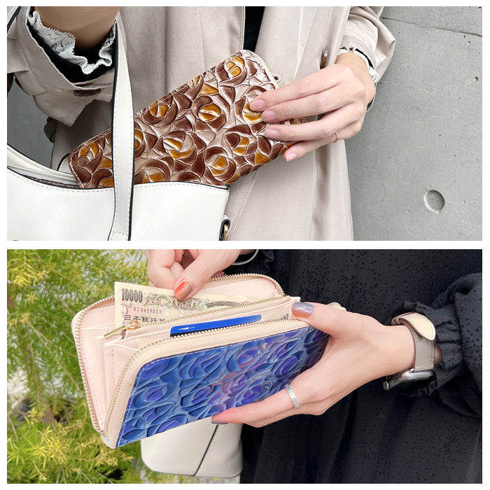 【ルイショップ】 本革 ステンドローズ エナメル ラウンド型 長財布