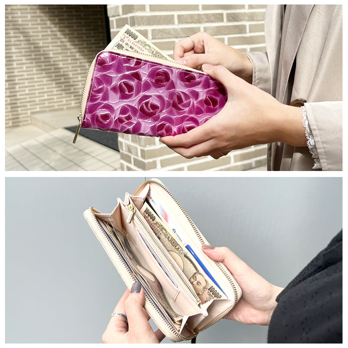 【ルイショップ】 本革 ステンドローズ エナメル ラウンド型 長財布