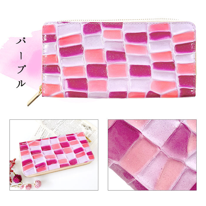 【ルイショップ】 本革 ステンドグラス ラメエナメル ラウンド型 長財布