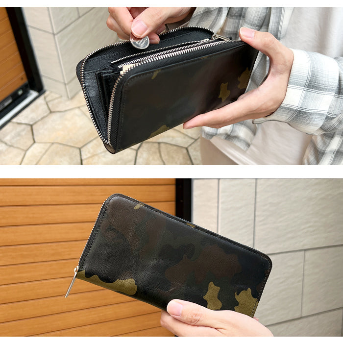 【ルイショップ】 本革 カモフラージュ 迷彩柄 ラウンド型 長財布