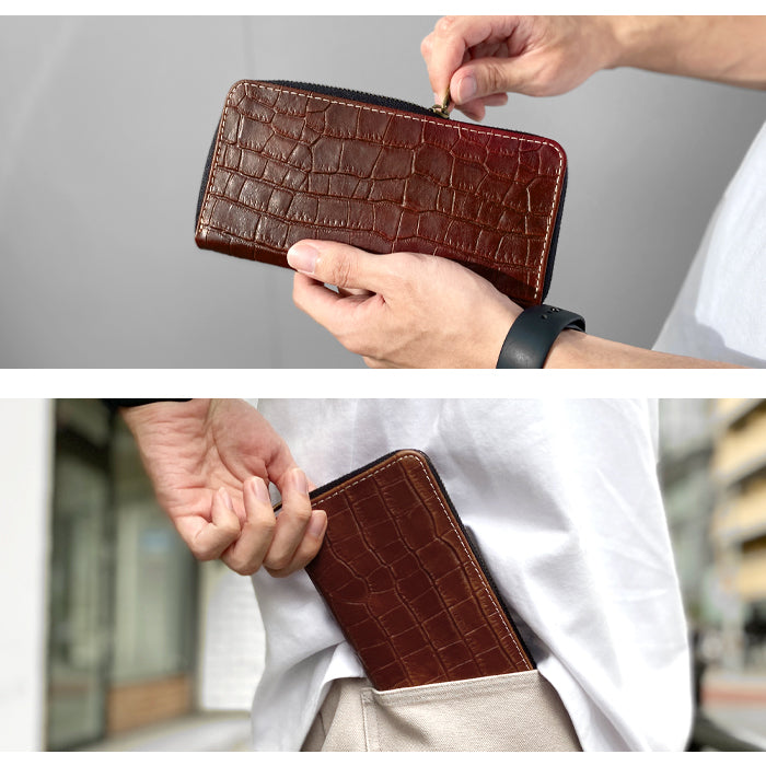 【ルイショップ】 本革 クロコダイル風 型押し ラウンド型 長財布
