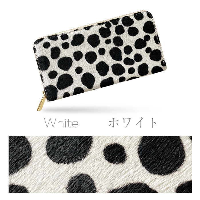 【ルイショップ】 本革 ハラコ風 ダルメシアン柄 ラウンド型 長財布