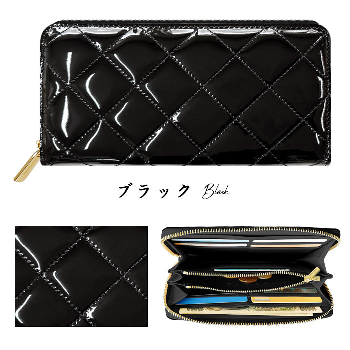 【ルイショップ】 本革 エナメル キルティング ラウンド型 長財布