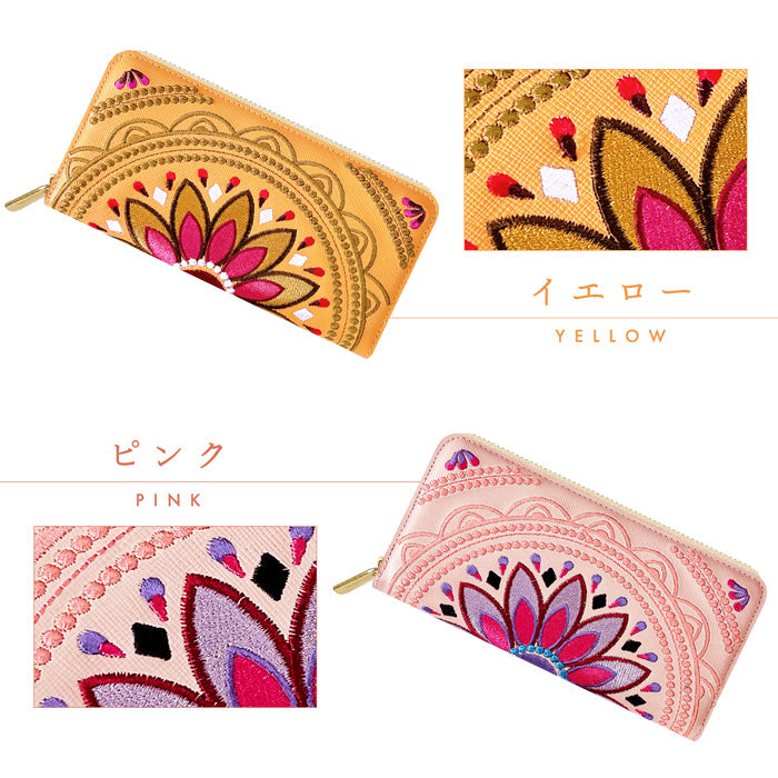 【ルイショップ】 本革 エスニック刺繍 ラウンド型 長財布