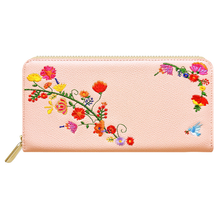 【ルイショップ】 本革 花刺繍 ラウンド型 長財布