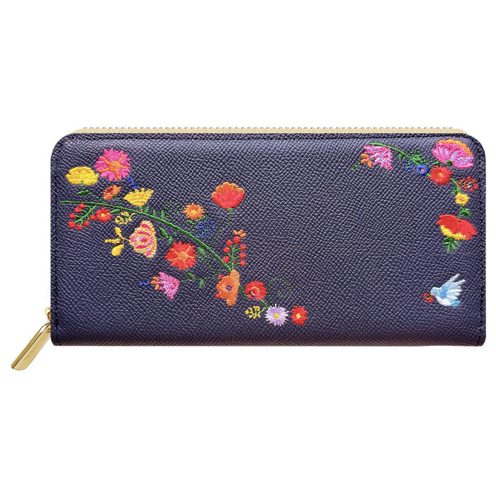 【ルイショップ】 本革 花刺繍 ラウンド型 長財布
