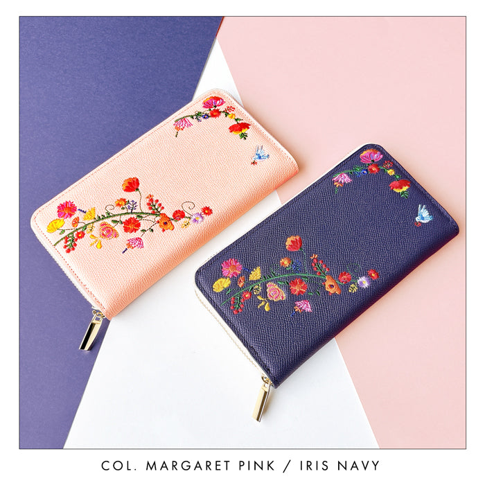 【ルイショップ】 本革 花刺繍 ラウンド型 長財布