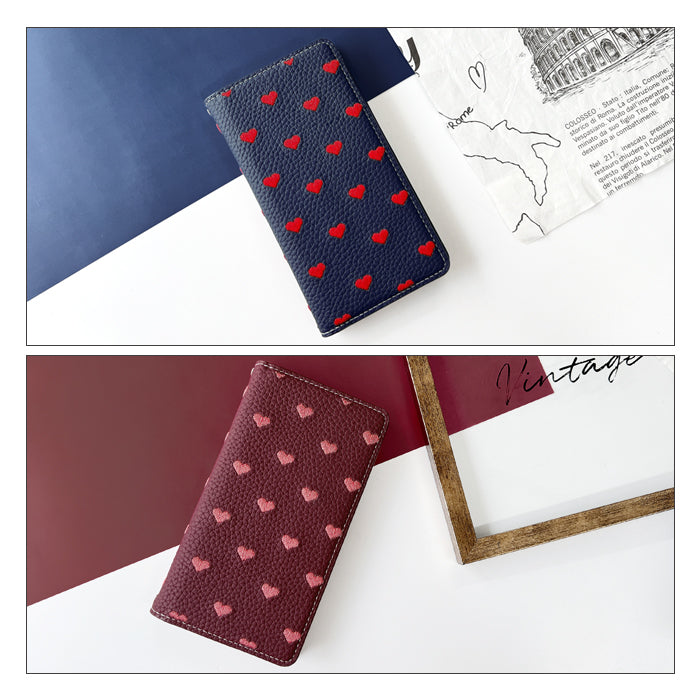 【ルイショップ】 iPhone・Galaxy・Xperia・AQUOS・Google Pixel｜100機種以上 対応 ハート 刺繡 手帳型 スマホケース