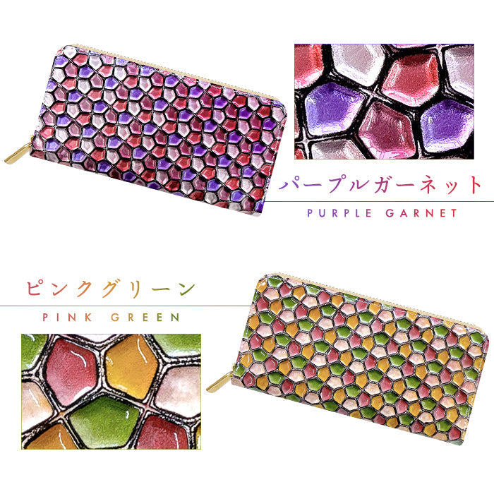 【ルイショップ】 本革 ハニカム ステンドグラス ラウンド型 長財布