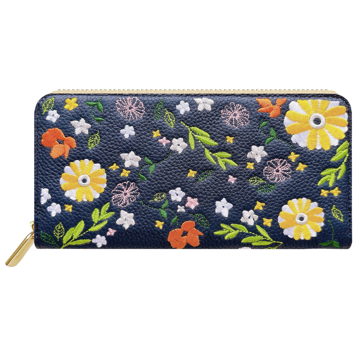 【ルイショップ】 本革 マーガレット刺繍 ラウンド型 長財布