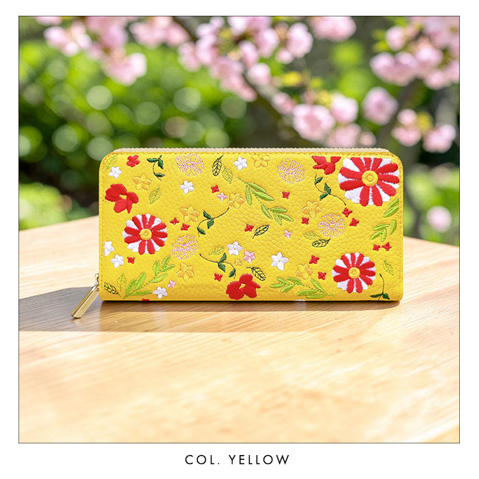 【ルイショップ】 本革 マーガレット刺繍 ラウンド型 長財布
