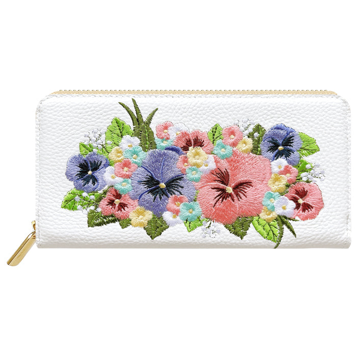 【ルイショップ】 本革 パンジー刺繍 ラウンド型 長財布