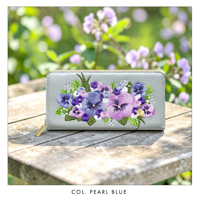 【ルイショップ】 本革 パンジー刺繍 ラウンド型 長財布
