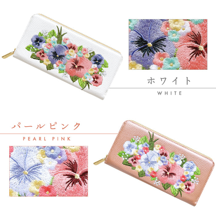 【ルイショップ】 本革 パンジー刺繍 ラウンド型 長財布