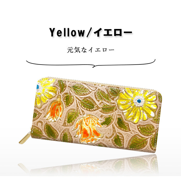 【ルイショップ】 本革 レトロな花 型押し ラウンド型 長財布