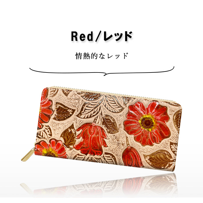【ルイショップ】 本革 レトロな花 型押し ラウンド型 長財布