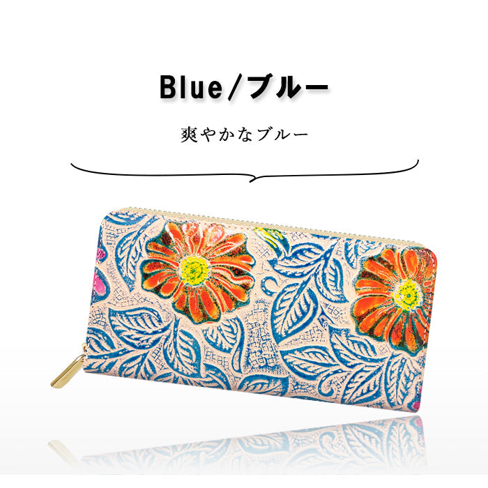 【ルイショップ】 本革 レトロな花 型押し ラウンド型 長財布